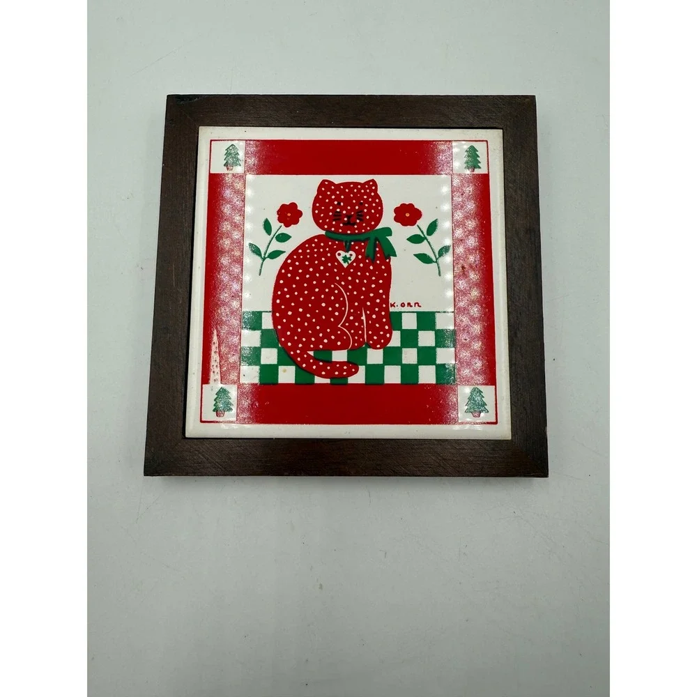 Vintage K. Orr‎ Red Polka Dot Cat Ceramic Tile Trivet Framed Wall Art 6x6